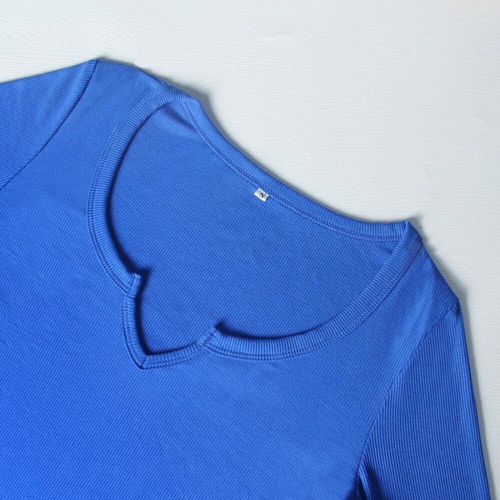 Women's Crop Tops Blue Slim Fit Notch Ribbed Classic Long Sleeves Scoop Neck - Picture 3 of 5